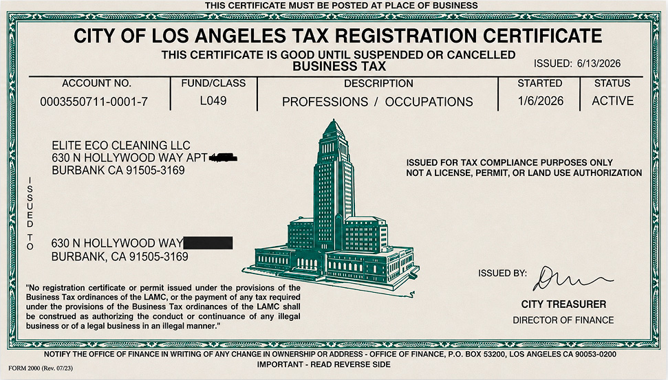 Business Tax Registration Certificate